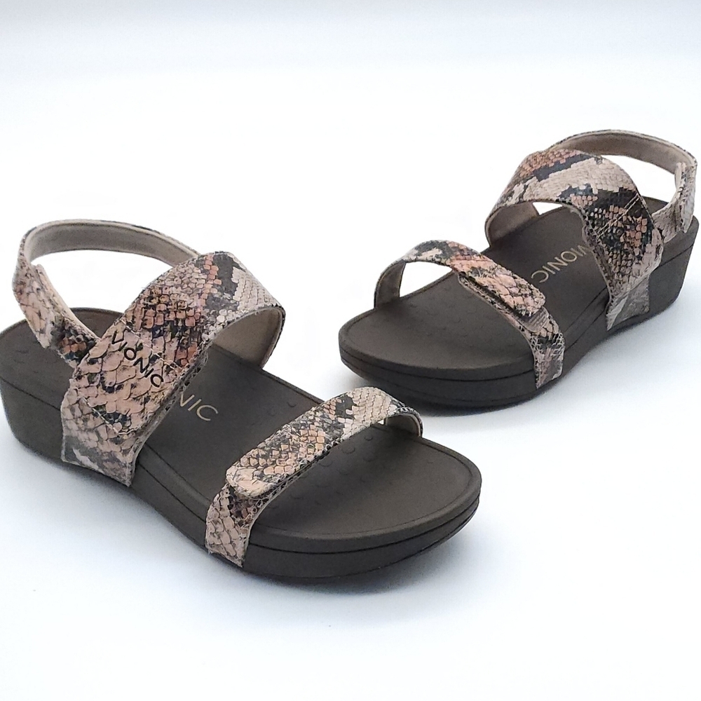 Vionic Bolinas Women's Size 6 Leather Snake Print Slingback Wedge Sandals